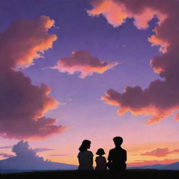 A romantic image of a couple sitting together, silhouetted against a stunning Ghibli-style sunset. Puffs of clouds are illuminated by the setting sun, painting the sky in vibrant hues of orange, pink, and purple.