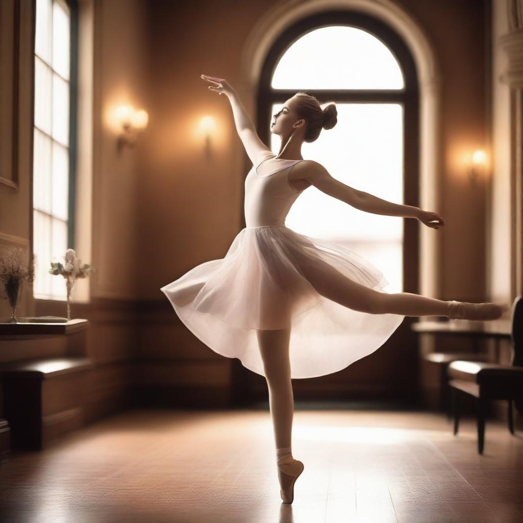 A graceful ballerina performing a delicate ballet move in a cozy café setting