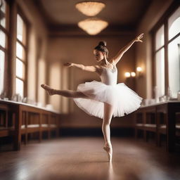 A graceful ballerina performing a delicate ballet move in a cozy café setting