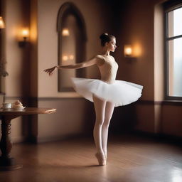 A graceful ballerina performing a delicate ballet move in a cozy café setting