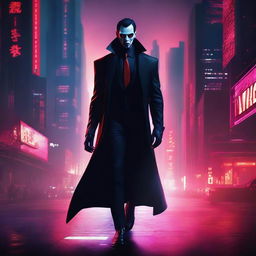 Create an image of a vampire walking in a cyberpunk city