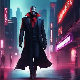 Create an image of a vampire walking in a cyberpunk city