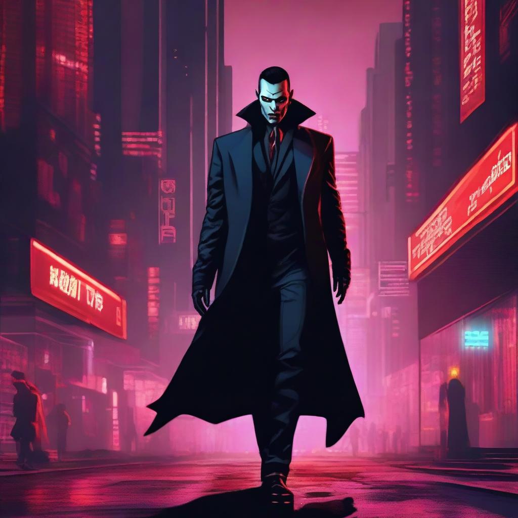 Create an image of a vampire walking in a cyberpunk city