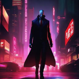 Create an image of a vampire walking in a cyberpunk city