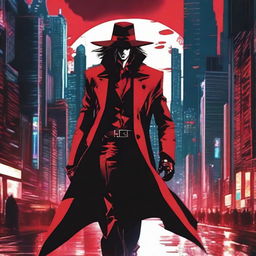 Create an image of Alucard walking in a cyberpunk city