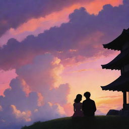 A romantic image of a couple sitting together, silhouetted against a stunning Ghibli-style sunset. Puffs of clouds are illuminated by the setting sun, painting the sky in vibrant hues of orange, pink, and purple.