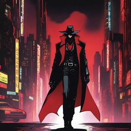 Create an image of Alucard walking in a cyberpunk city