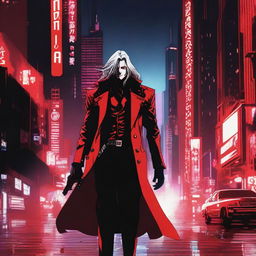 Create an image of Alucard walking in a cyberpunk city