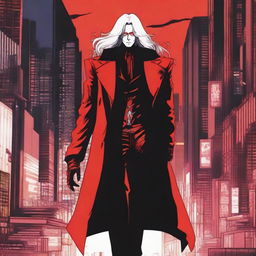 Create an image of Alucard walking in a cyberpunk city