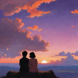 A romantic image of a couple sitting together, silhouetted against a stunning Ghibli-style sunset. Puffs of clouds are illuminated by the setting sun, painting the sky in vibrant hues of orange, pink, and purple.