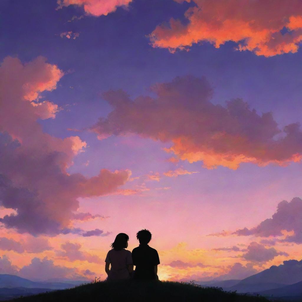 A romantic image of a couple sitting together, silhouetted against a stunning Ghibli-style sunset. Puffs of clouds are illuminated by the setting sun, painting the sky in vibrant hues of orange, pink, and purple.