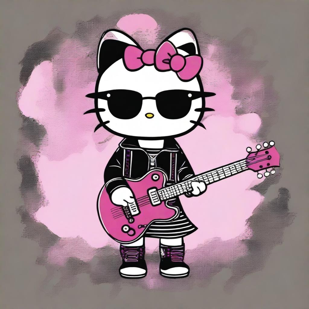 Create a wallpaper featuring Hello Kitty dressed in rock clothes