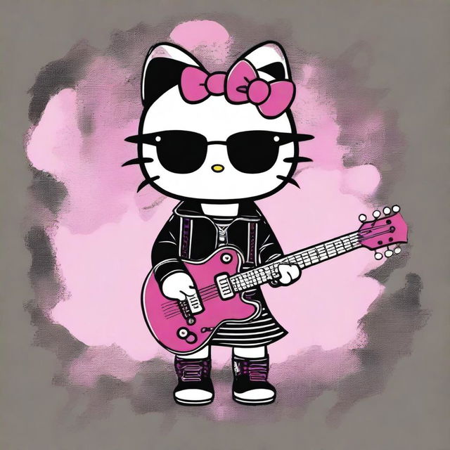 Create a wallpaper featuring Hello Kitty dressed in rock clothes