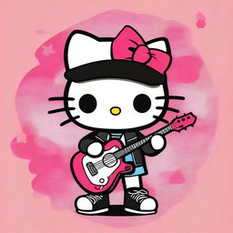 Create a wallpaper featuring Hello Kitty dressed in rock clothes