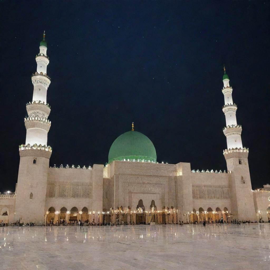 The Masjid Nabawi under a dark starry night sky