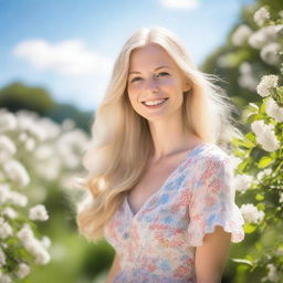 A beautiful blonde woman with long, flowing hair, standing in a serene garden