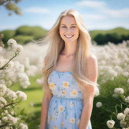 A beautiful blonde woman with long, flowing hair, standing in a serene garden