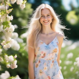 A beautiful blonde woman with long, flowing hair, standing in a serene garden