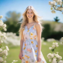 A beautiful blonde woman with long, flowing hair, standing in a serene garden