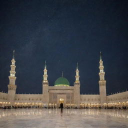 The Masjid Nabawi under a dark starry night sky