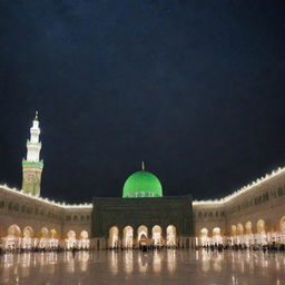 The Masjid Nabawi under a dark starry night sky