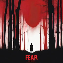 A minimalist horror film poster featuring a dark and eerie forest with a single, shadowy figure in the background