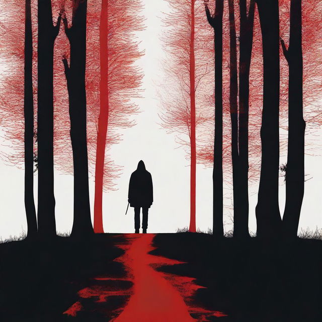 A minimalist horror film poster featuring a dark and eerie forest with a single, shadowy figure in the background