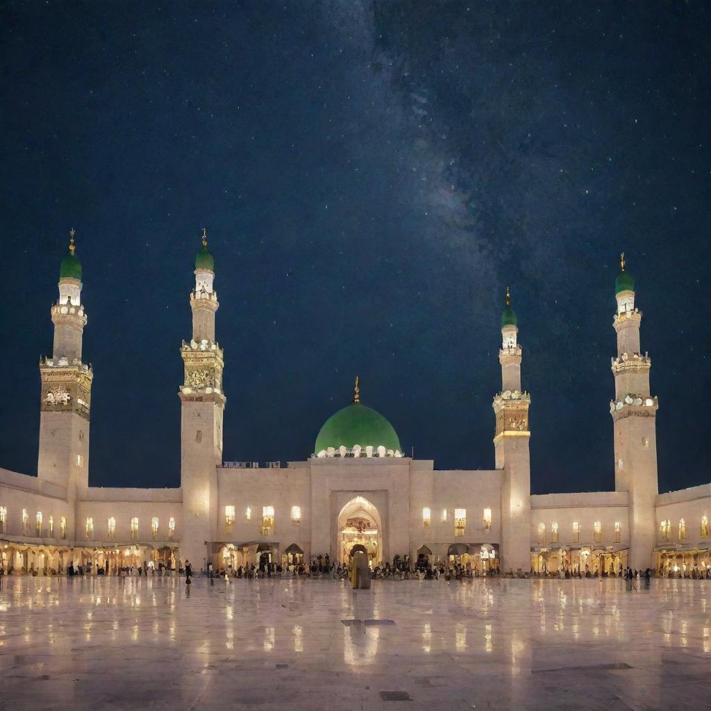 The Masjid Nabawi under a dark starry night sky