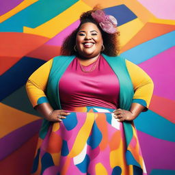 A joyful, confident, and stylish fat woman standing in a vibrant setting