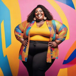 A joyful, confident, and stylish fat woman standing in a vibrant setting