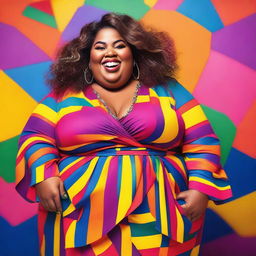 A joyful, confident, and stylish fat woman standing in a vibrant setting