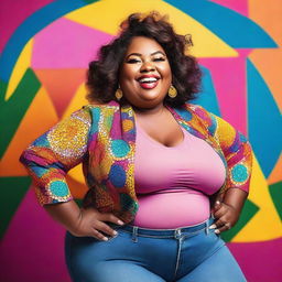 A joyful, confident, and stylish fat woman standing in a vibrant setting