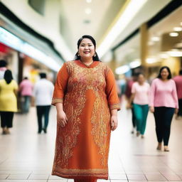 A joyful, confident, and stylish Malay fat woman standing in a bustling mall