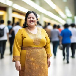 A joyful, confident, and stylish Malay fat woman standing in a bustling mall