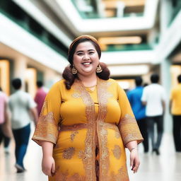 A joyful, confident, and stylish Malay fat woman standing in a bustling mall