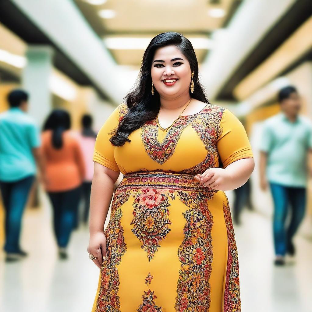 A joyful, confident, and stylish Malay fat woman standing in a bustling mall