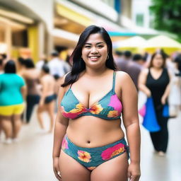 A confident Malay fat woman wearing a bikini, standing in a bustling mall