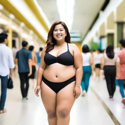 A confident Malay fat woman wearing a bikini, standing in a bustling mall