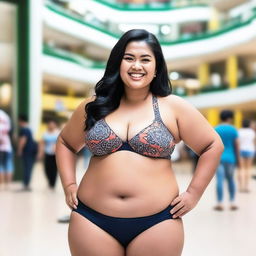 A confident Malay fat woman wearing a bikini, standing in a bustling mall