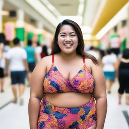 A confident Malay fat woman wearing a bikini, standing in a bustling mall