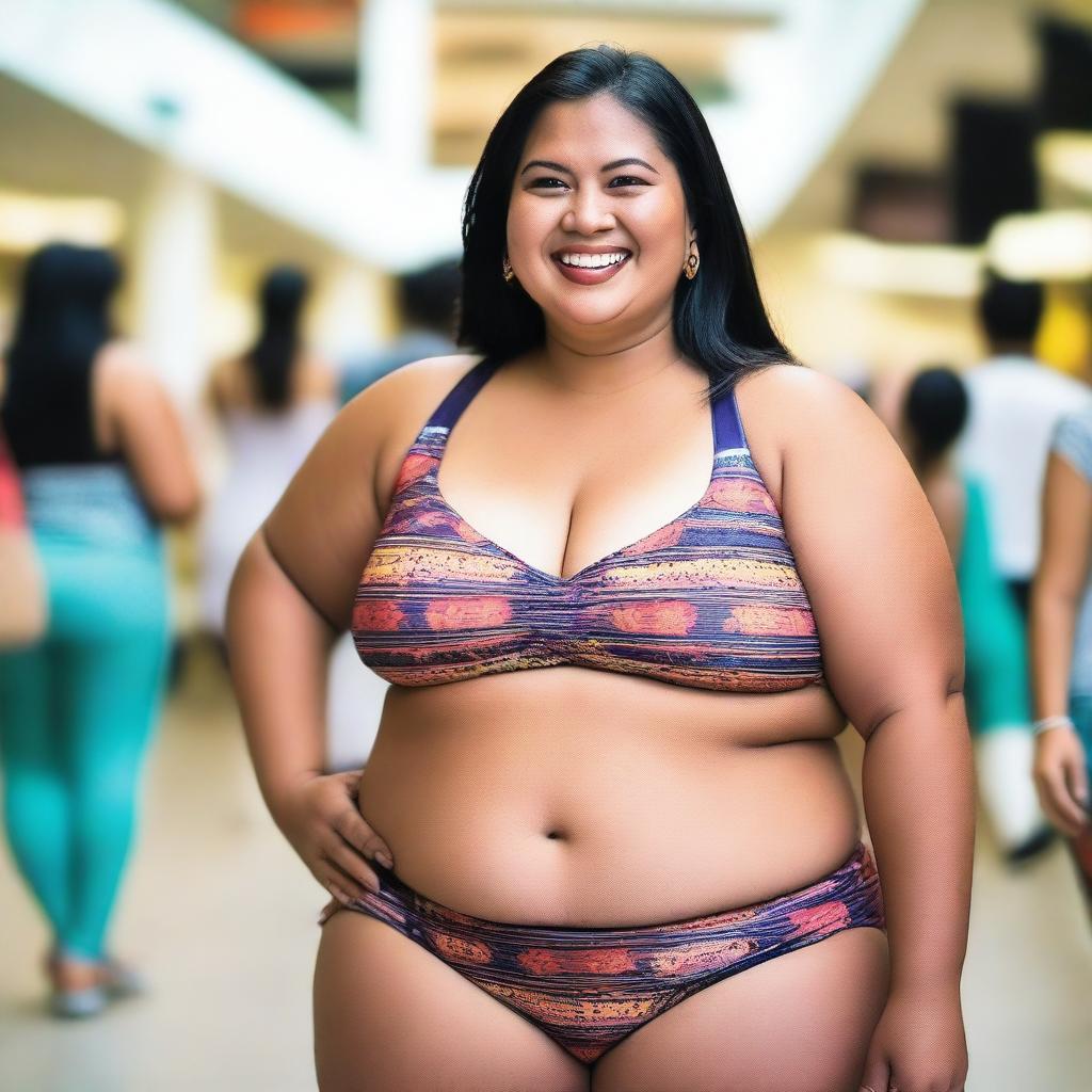 A confident Malay fat woman wearing a bikini, standing in a bustling mall