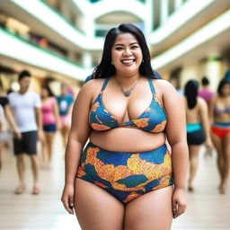 A confident Malay fat woman wearing a bikini, standing in a bustling mall