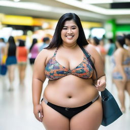 A confident Malay fat woman wearing a bikini, standing in a bustling mall