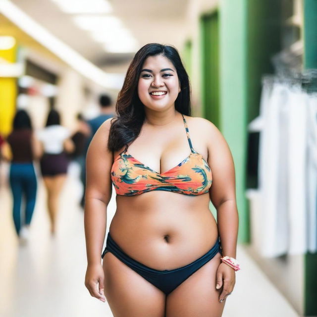 A confident Malay fat woman wearing a bikini, standing in a bustling mall