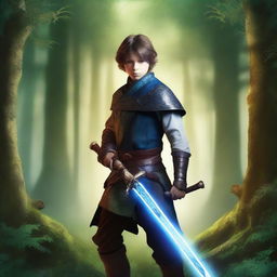 Create a fantasy-style book cover featuring a young swordsman