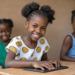 Joyful African communities living in a flourishing world, their lives enhanced by a revolutionary health infrastructure software developed by a dedicated young black girl.