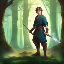 Create a fantasy-style book cover featuring a young swordsman