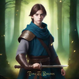 Create a fantasy-style book cover featuring a young swordsman