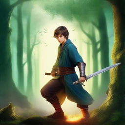 Create a fantasy-style book cover featuring a young swordsman