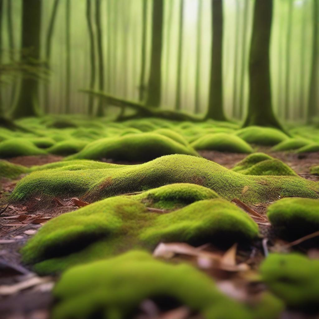 A lush, green carpet of moss covering the forest floor